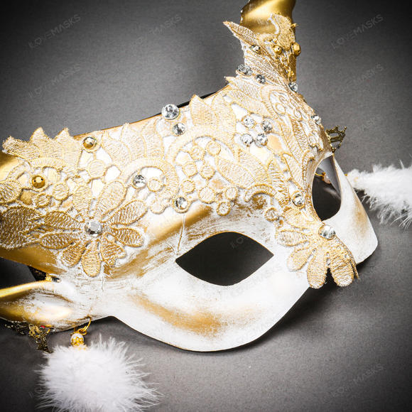 Krampus Gold Horn Lace  Animal Devil Women Mask - White - Picture 9 of 10